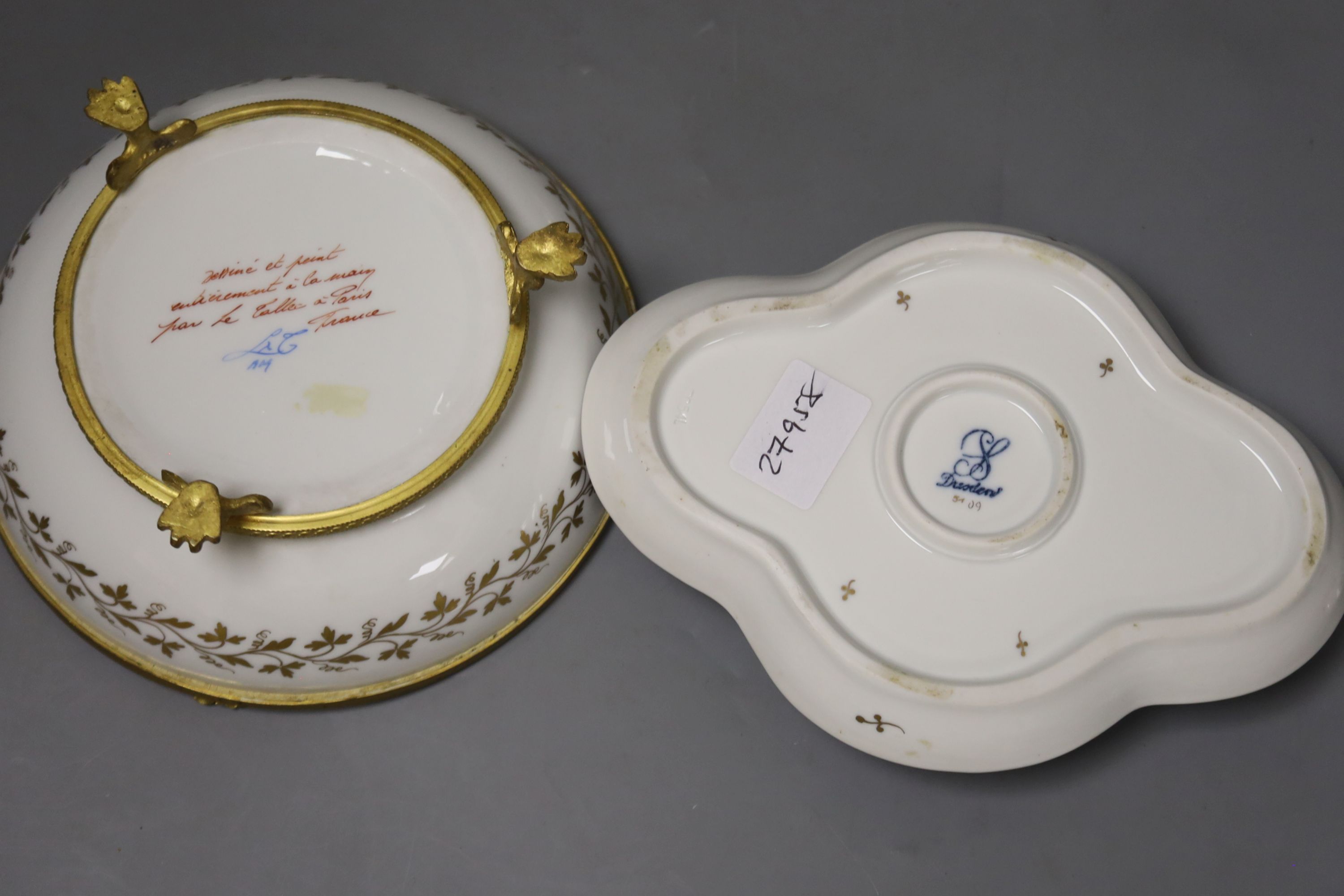 A Paris porcelain box and cover, c.1890, a pair Paris porcelain vases, a similar ‘fantastic birds’ bowl and a Dresden inkwell and height 25cm